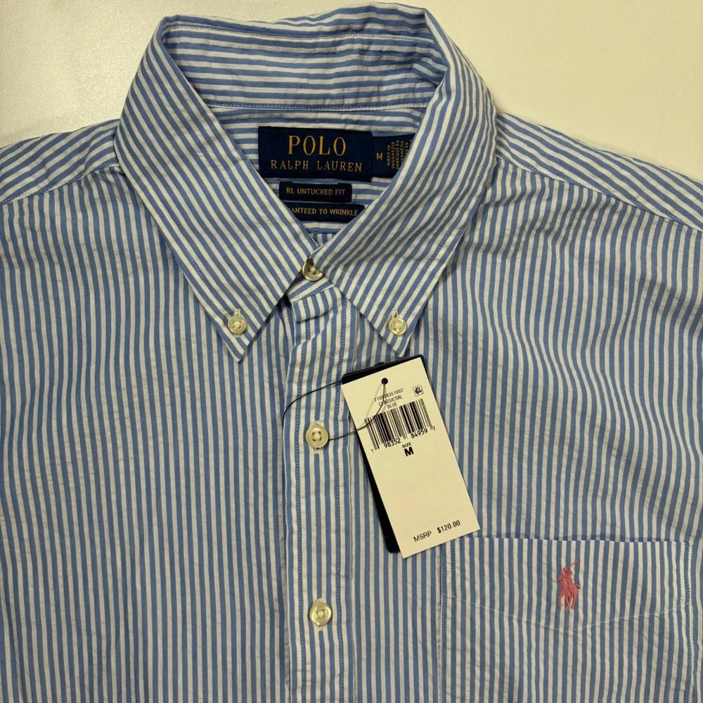 NEW Polo Ralph Lauren Seersucker Shirt Medium Blue Striped RL Untucked Fit